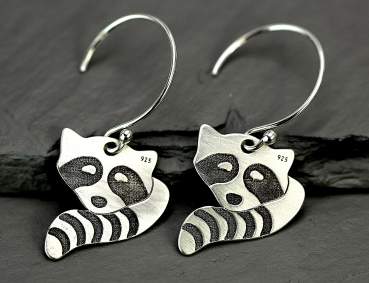 Racoon earrings. Sterling silver dangling racoon face and tail earrings.